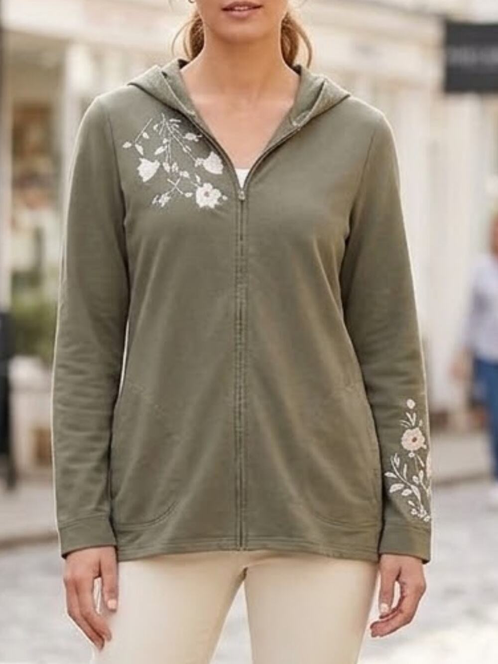 J.JILL Olive Floral Embroidered Zip Hoodie S | Cottagecore Lounge Layer